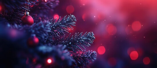 Fototapeta premium Elegant Christmas tree background featuring vibrant ornaments and glowing red lights creating a warm festive atmosphere.