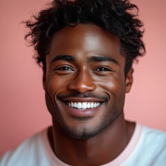 Naklejka premium A man with a beard is smiling and wearing a t-shirt