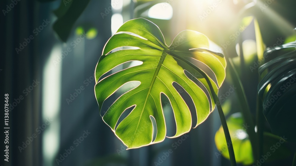 Poster backlit monstera leaf glowing in soft sunlight creating a serene and refreshing botanical atmosphere