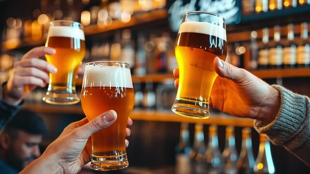 Cheers to Good Times:  A group of friends raise their glasses in a toast, enjoying a convivial moment in a lively pub setting.  The amber liquid shimmers invitingly, promising laughter, camaraderie.