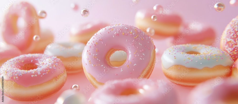 Poster array of colorful pastel doughnuts with sprinkles on a soft pink background creating a delightful an