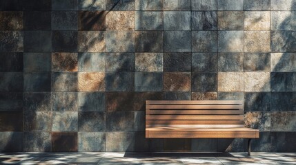 Textured wall with tiled design and wooden bench in a serene outdoor setting featuring soft shadows and natural light.