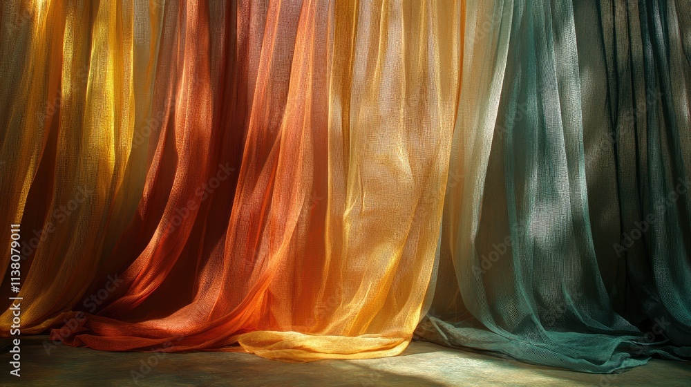Poster softly draped curtains in warm and cool colors creating an elegant background for interior design or
