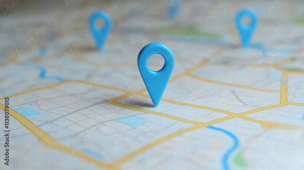 Poster a close-up of a blue map pin placed on a detailed map, symbolizing navigation and location tracking.