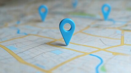 Fototapeta premium A close-up of a blue map pin placed on a detailed map, symbolizing navigation and location tracking.