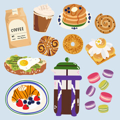 Cute breakfast food. Traditional French dishes. Bakery pastry products. Breakfast menu illustration with avocado toast and poached egg, pancakes, croissant, macarons and coffee