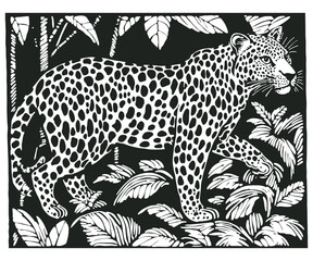 Leopard in the jungle, engraving style, vector illustration.