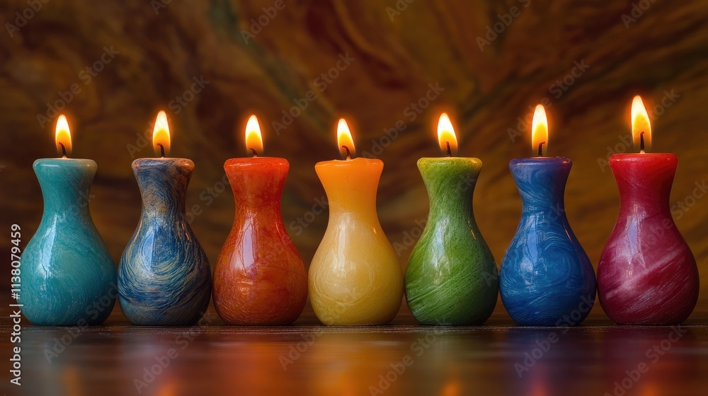 Poster colorful row of lit candles with soft glow against an artistic blurred background creating a warm an