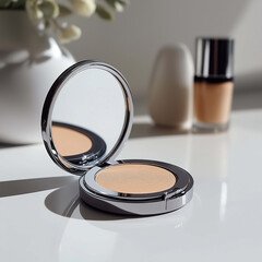 sleek compact mirror with foundation sits on white surface, reflecting soft light. background features minimalist aesthetic with vase and nail polish, creating serene beauty scene