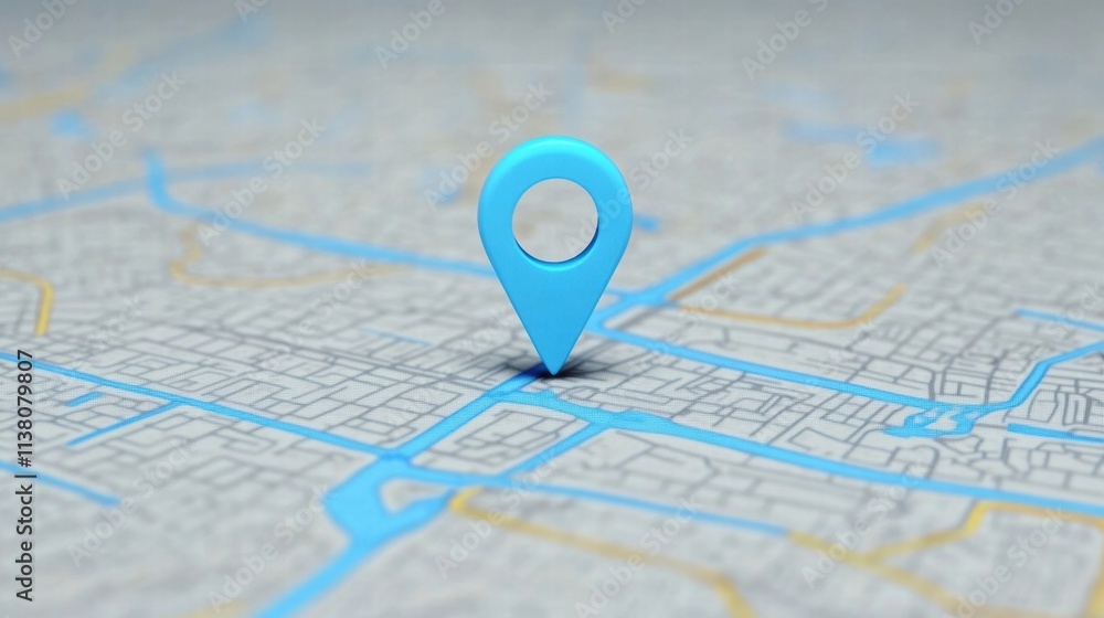 Poster a close-up of a blue location pin on a detailed map, symbolizing navigation and direction in urban e