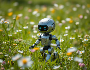A small, friendly robot walking through a serene meadow filled with flowers