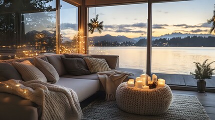 Scenic lake house New Year party with a peaceful view, cozy blankets, soft lighting and festive decor creating a warm and welcoming space
