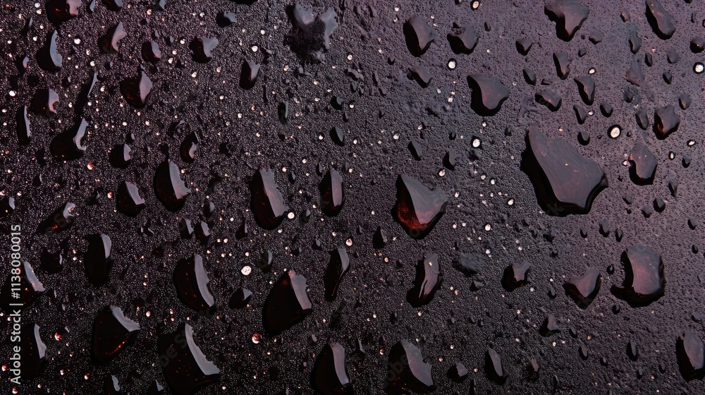 Aufkleber textured close-up of wet ground with water droplets reflecting light in varying sizes against a dark