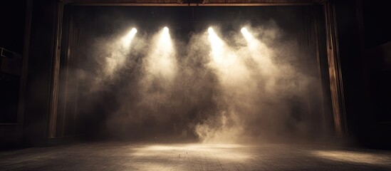 Illuminated theater stage with smoke and spotlights creating an anticipatory atmosphere before the performance begins