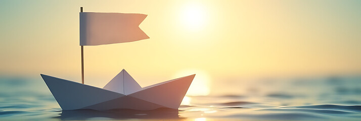 A paper boat on the sea flies a white flag under the warm sunlight, symbolizing innovative business concepts and financial ideas._00003_