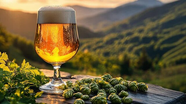 Golden Hour Beer: A refreshing pint of beer with hops sits on a wooden table, enjoying the breathtaking sunset view of rolling green hills. Perfect for beer lovers and nature enthusiasts. 