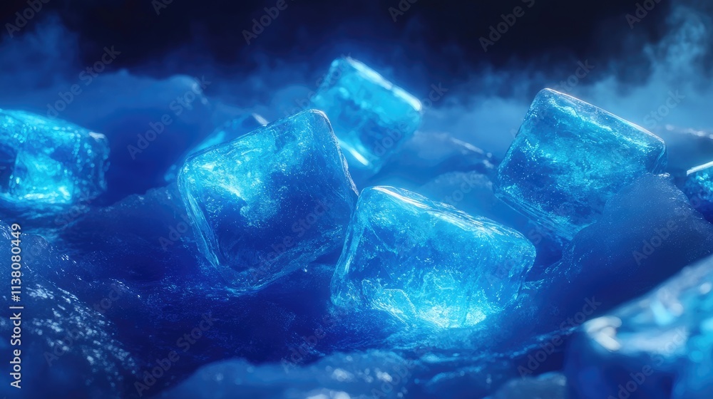 Aufkleber illuminated ice cubes on a frosty surface with blue lighting creating a cool and refreshing backgrou