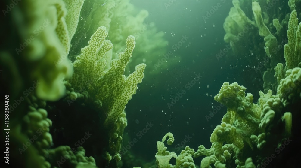 Poster underwater view of vibrant green algae creating a textured ecosystem with bubbles in a serene aquati