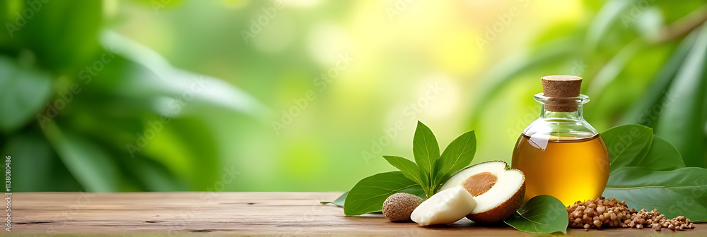 Poster a natural product display on a wooden counter with a blurred tropical leaf background in summer scen