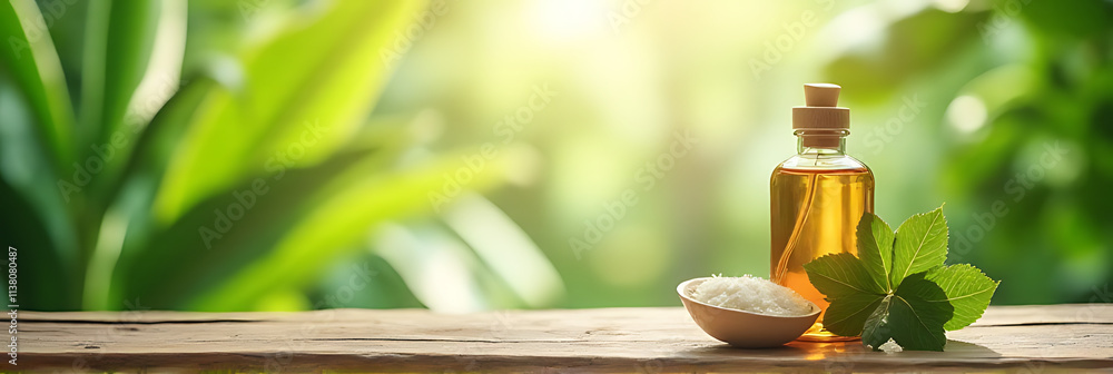 Poster a natural product display on a wooden counter with a blurred tropical leaf background in summer scen