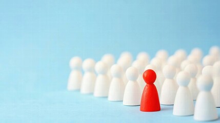 A unique red figurine stands out among white figures, symbolizing individuality and the importance of being different.