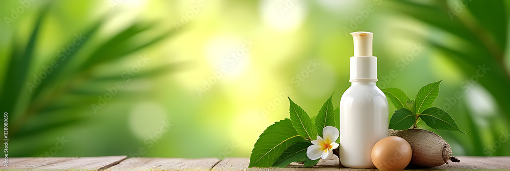 Poster a natural product display on a wooden counter with a blurred tropical leaf background in summer scen