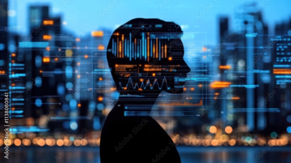 Poster silhouette of a person against a cityscape, showcasing digital graphics symbolizing data and technol