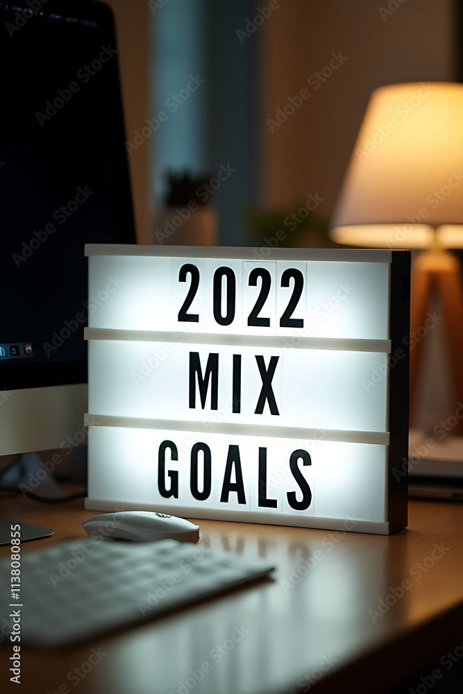 Aufkleber a motivational text with 2022 goals is displayed on a light box placed on an office desk table for b