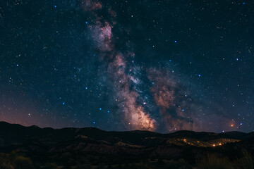 Stunning banner of a starry night sky, featuring the Milky Way in vibrant colors. Perfect for social media covers or screensavers, showcasing a high-resolution celestial landscape.