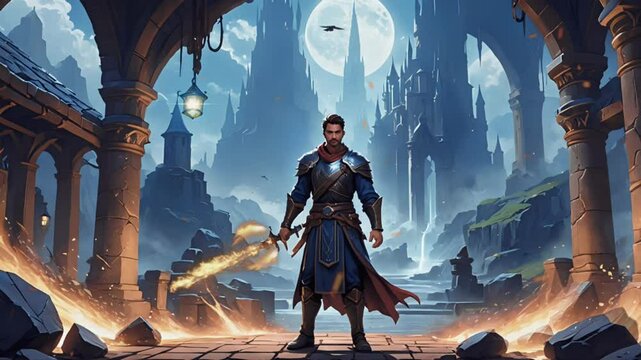 A valiant knight stands before a majestic, gothic castle under a full moon, wielding a flaming sword.  He is ready for adventure and battle.