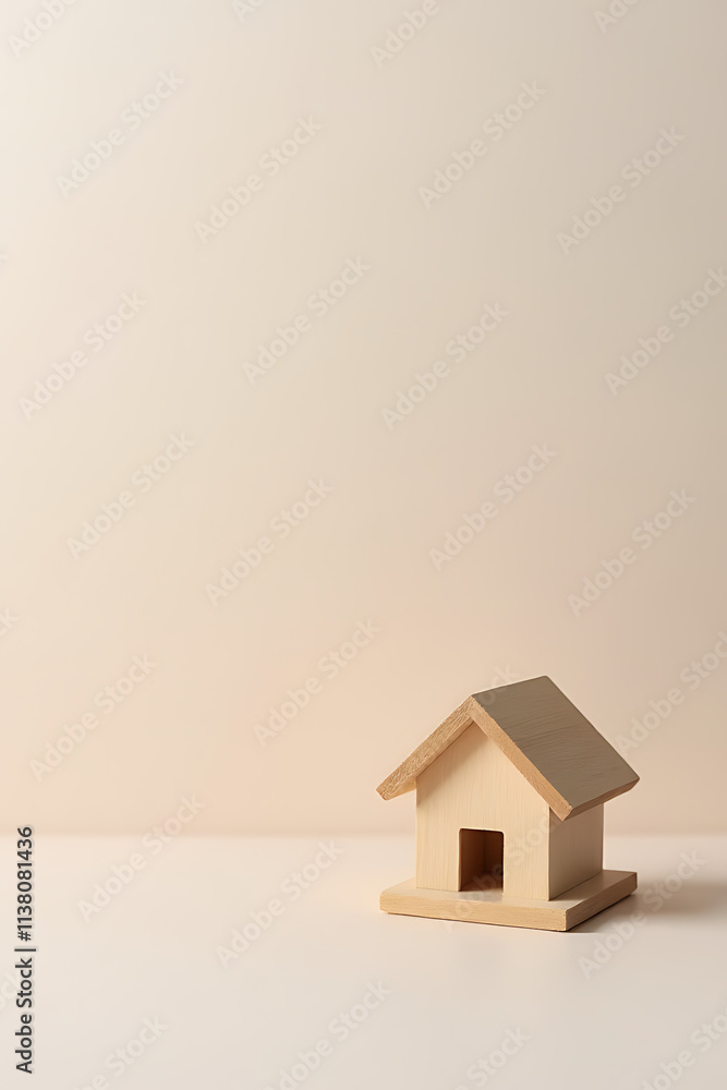 Poster a model of a house made from wood on a soft pastel colored background conveys property investment an