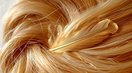 Golden feather rests on wavy blonde hair.