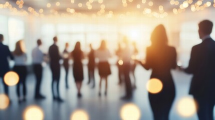 Silhouettes of people networking at an event with warm lights creating a vibrant atmosphere for connections.