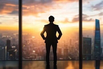 Fototapeta premium Silhouette of a businessman looking at a stunning sunset over a city skyline from a modern office window.
