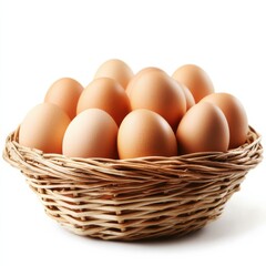 Brown eggs in wicker basket isolated on white background food photography studio setting close-up shot for culinary use