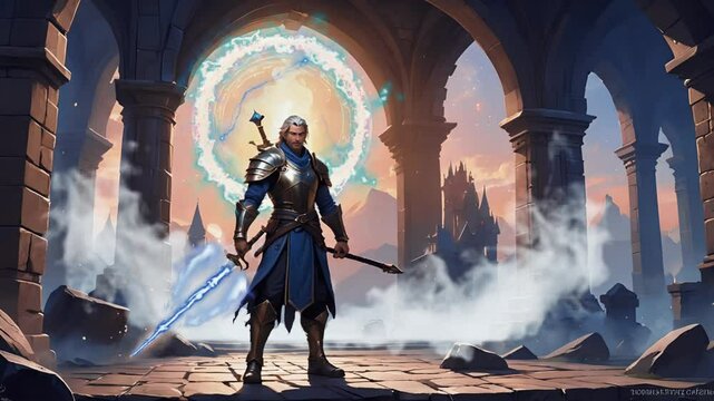 A valiant knight, clad in shining armor, stands before a mystical portal, wielding a glowing staff; epic fantasy artwork.