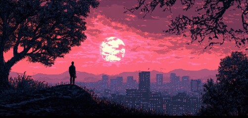 Fototapeta premium Stunning Pixel Art Cityscape at Dusk
