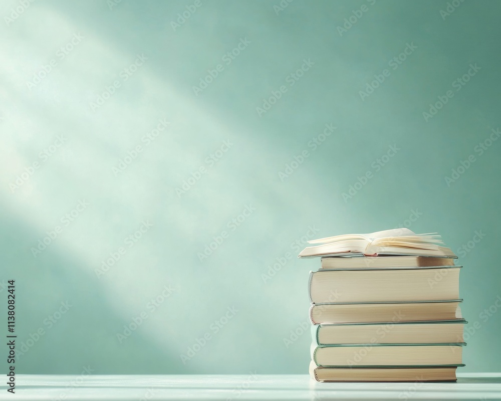 Aufkleber tranquil study space a stack of books under soft light, embodying education and knowledge