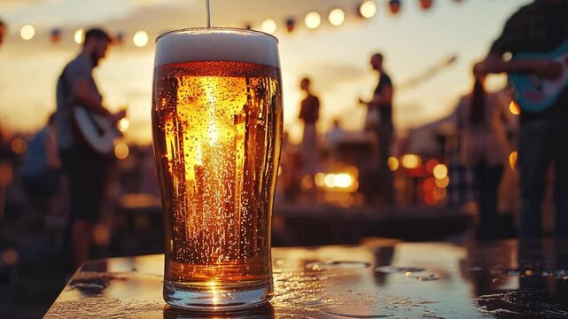 A Pint Under the Sunset:  A glass of beer stands in the foreground, perfectly lit by the setting sun, against a backdrop of a lively outdoor gathering with friends, music, and laughter.