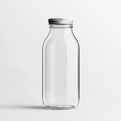 Clear glass milk bottle isolated on white background product photography minimalist style studio setting