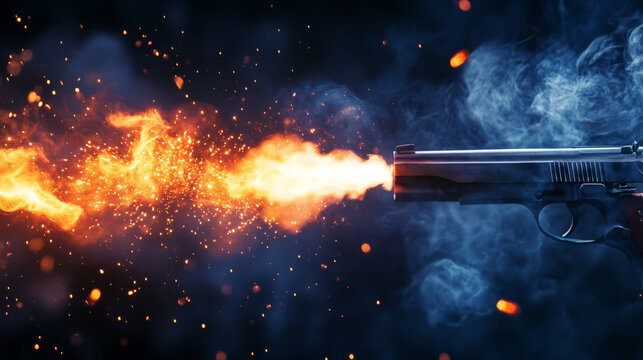 Gun flashes with smoke and fire sparkles. Pistol shots clouds, muzzle shotgun explosion. Blast motion, weapon bullets trails isolated on black background. Realistic 3d vector illustration, icons set