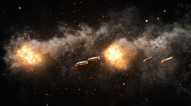 Gun flashes with smoke and fire sparkles. Pistol shots clouds, muzzle shotgun explosion. Blast motion, weapon bullets trails isolated on black background. Realistic 3d vector illustration, icons set