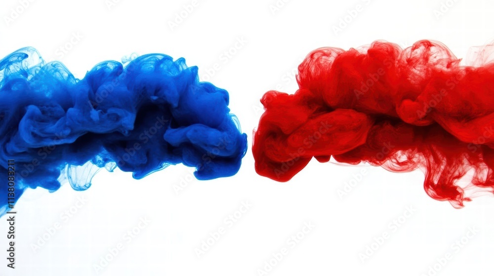 Poster colorful smoke patterns in vibrant blue and red against a white background, creating dynamic visual 