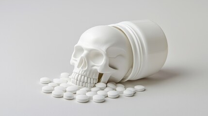 Addictive substances, A bottle of pills spilling out in a skull shape, highlighting the hidden dangers and lethal consequences of misuse.