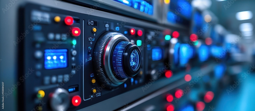 Poster close-up of a futuristic control panel with digital displays, buttons, and a large central dial.