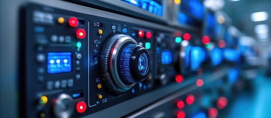 Close-up of a futuristic control panel with digital displays, buttons, and a large central dial.