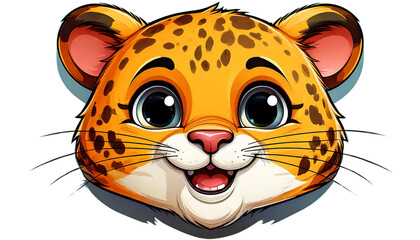 Cartoon Jaguar with Emoji-Style Big Eyes and a Smile on a White Background