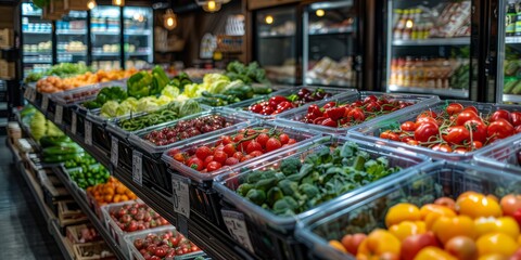 Obraz premium Fresh vegetables and fruits displayed in organized trays at a grocery store produce section