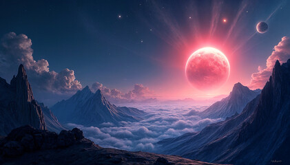 Pink celestial body illuminates mountain range above clouds stars.