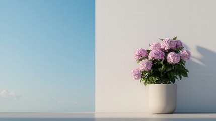 Fototapeta premium Home gardening and soil relaxation, A serene image featuring a pastel-colored flower pot with pink blooms against a minimalist wall and bright blue sky.